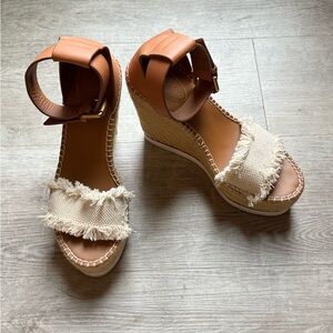 See By Chloe Glyn Frayed Canvas And Leather Espadrille Wedge Sandals Size 39
